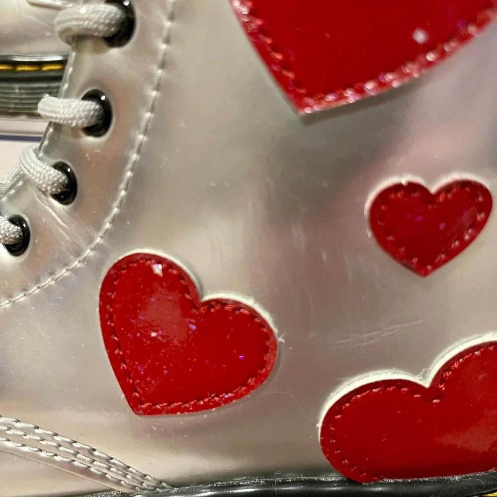 Dr Martens 1460 J Glitter Star Patent Lace Up Zip Boots Kids 3 Silver Red Hearts
